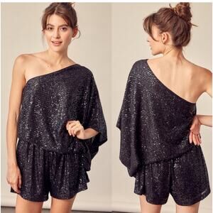 Mustard Seed asymmetrical, one shoulder, black sequin romper in size M